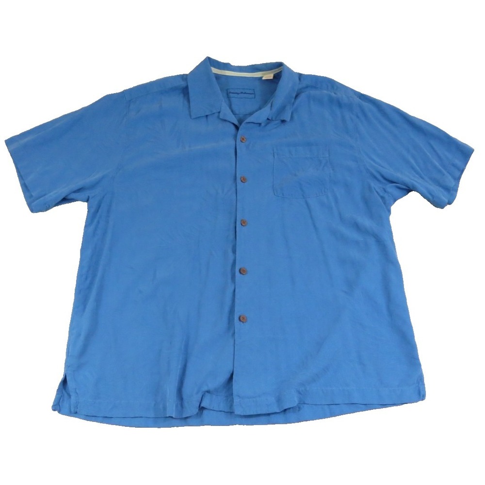 Tommy Bahama Silk‎ Camp Shirt XL Blue Hawaiian Button Resort Beachy Short Sleeve